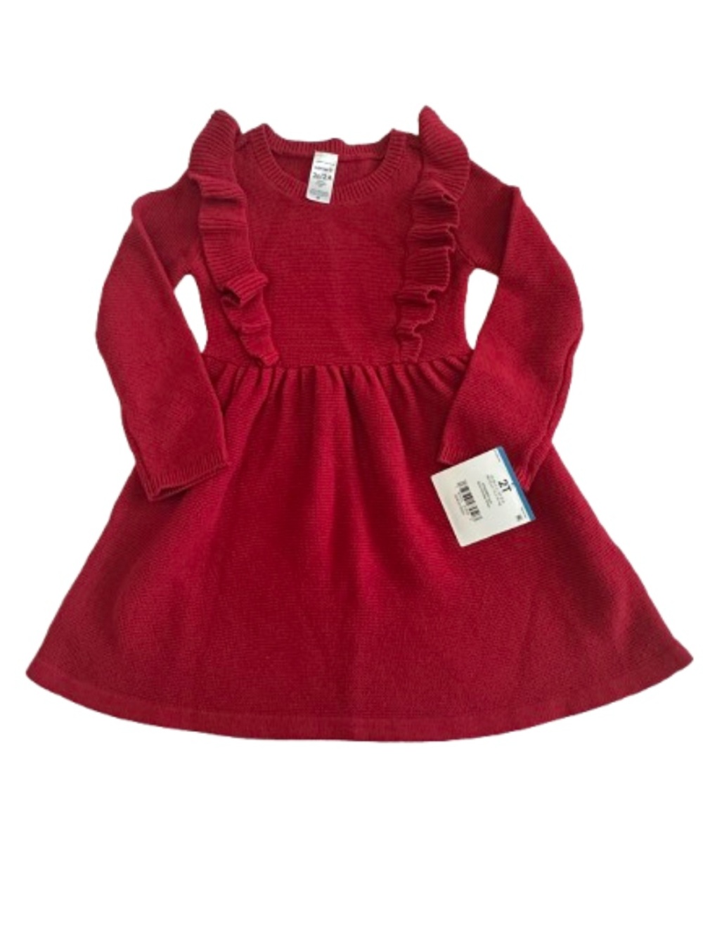 New Carters' 2T Bright Red Knit Ruffled Long Sleeves Round Neck Holiday Dress - Picture 1 of 13